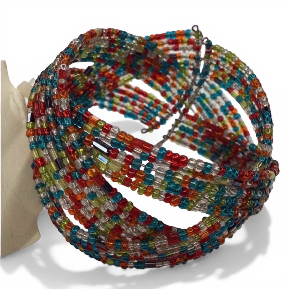Handmade Twisted Flexible Seed Bead Braided Cuff Bracelet – Multicolor – NWT